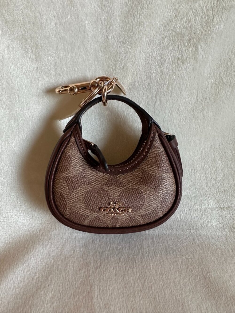 NWT Coach CBK67 Mini Carmen Bag Charm In Signature Canvas Gold/Tan/Brown Leather